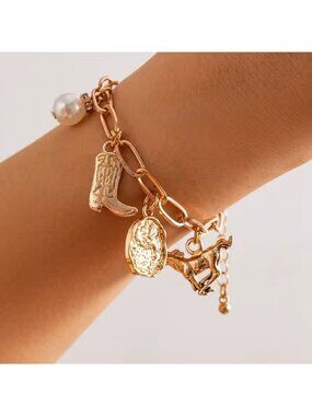 Gold Chain Western Charm Bracelet – Cowboy Boot, Hat & Pearl Charms